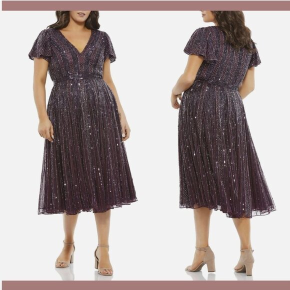 NEW $498 Mac Duggal [ PLUS 24W ] Embellished V-Neck‎ Midi Dress Aubergine #Q473 - Picture 1 of 13